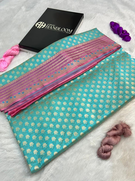 Royal Sea-Green Banarasi Katan Silk Saree with onion pink Meenakari Zari Border and Contrast Blouse