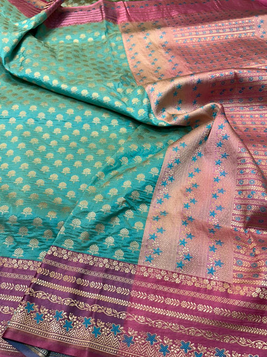 Royal Sea-Green Banarasi Katan Silk Saree with onion pink Meenakari Zari Border and Contrast Blouse
