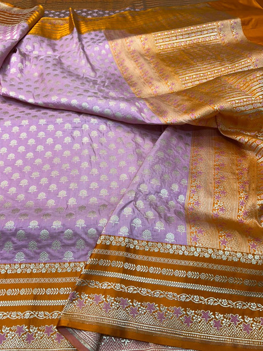 Lavender & Tangerine Handloom Katan Silk Banarasi Saree | Floral Buti & Meenakari Border