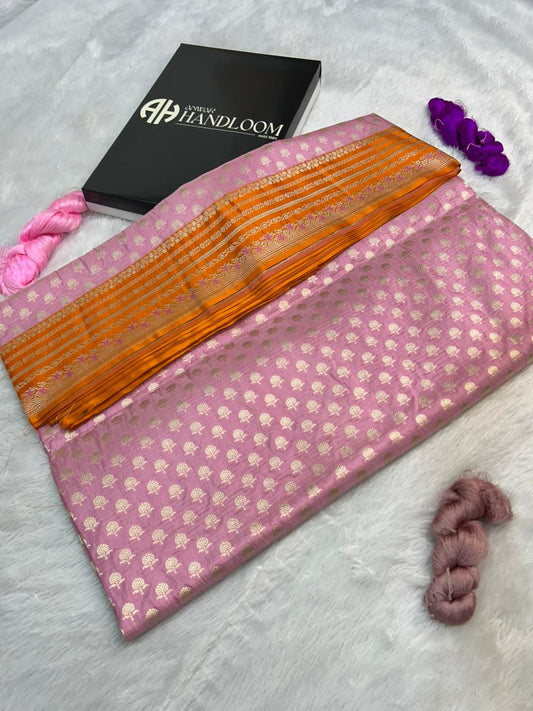 Lavender & Tangerine Handloom Katan Silk Banarasi Saree | Floral Buti & Meenakari Border