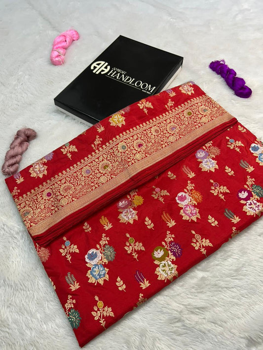 Royal Red Banarasi Katan Silk Saree with Intricate Meenakari Floral Butas and Gold Zari Border