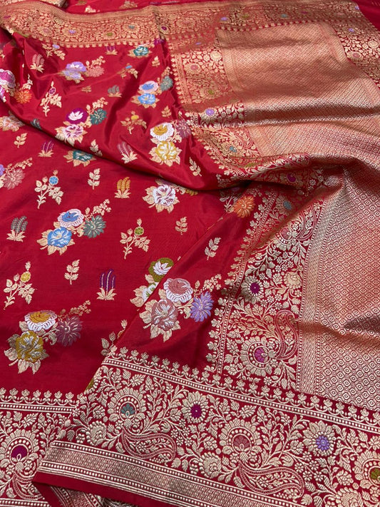 Royal Red Banarasi Katan Silk Saree with Intricate Meenakari Floral Butas and Gold Zari Border