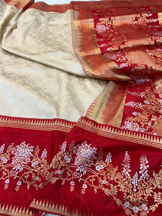 Elegant Ivory and Crimson Banarasi Katan Silk Saree with Intricate Meenakari Floral Weave