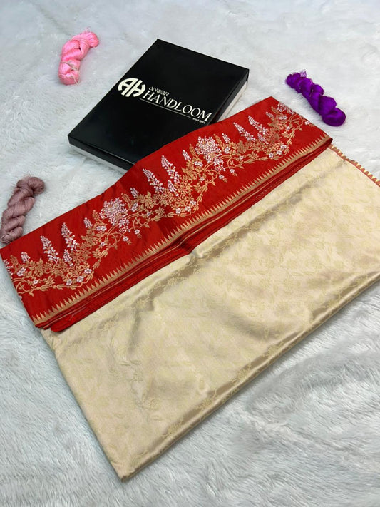 Elegant Ivory and Crimson Banarasi Katan Silk Saree with Intricate Meenakari Floral Weave