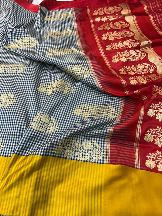 Heritage Weave: Handloom Katan Silk Saree in Checkered Navy & Mustard