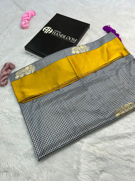 Heritage Weave: Handloom Katan Silk Saree in Checkered Navy & Mustard