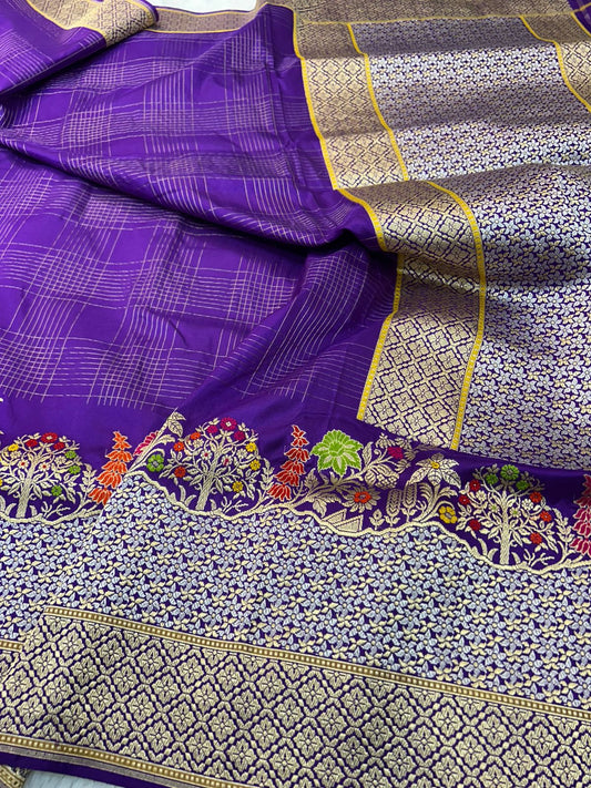 : The "Virasat" Purple Silk Saree: Handwoven Checks with Floral Meenakari border traditional handloom kadhwa weaving