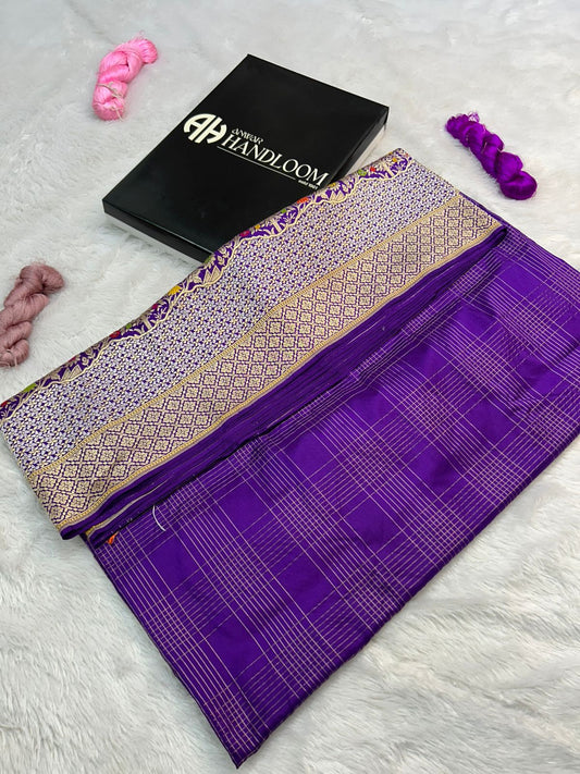 : The "Virasat" Purple Silk Saree: Handwoven Checks with Floral Meenakari border traditional handloom kadhwa weaving
