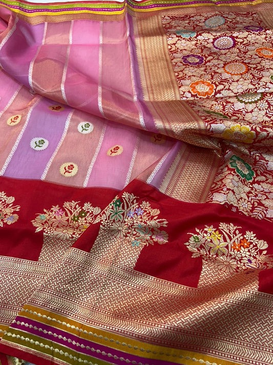 The Festive Heirloom: Dual-Tone Banarasi Handloom Saree with Traditional Flower Pot (Guldasta) Motifs