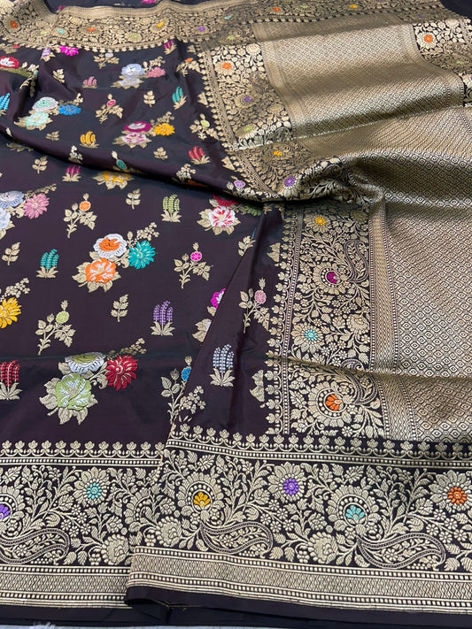 Royal Wine Banarasi Katan Silk Saree with Multicolor Meenakari Floral Buta & Zari Border