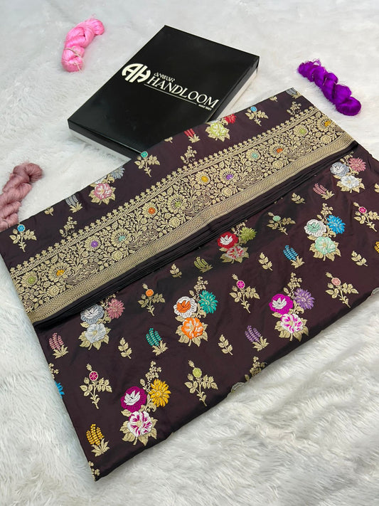 Royal Wine Banarasi Katan Silk Saree with Multicolor Meenakari Floral Buta & Zari Border