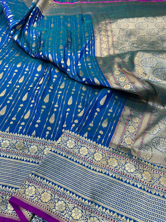 elegant teal Persian Blue Handloom Katan Silk Banarasi Saree with   Magenta Accents