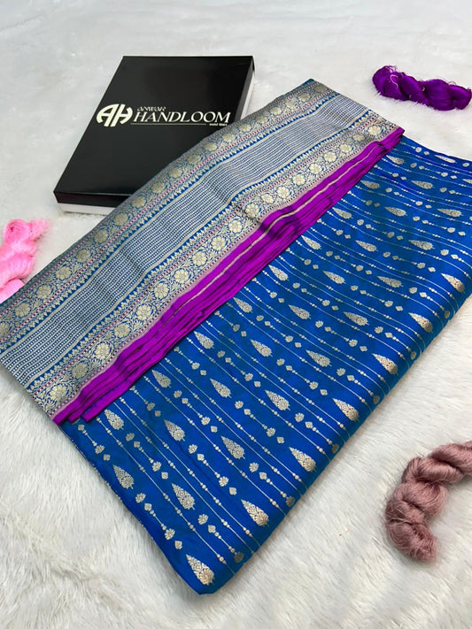 elegant teal Persian Blue Handloom Katan Silk Banarasi Saree with   Magenta Accents