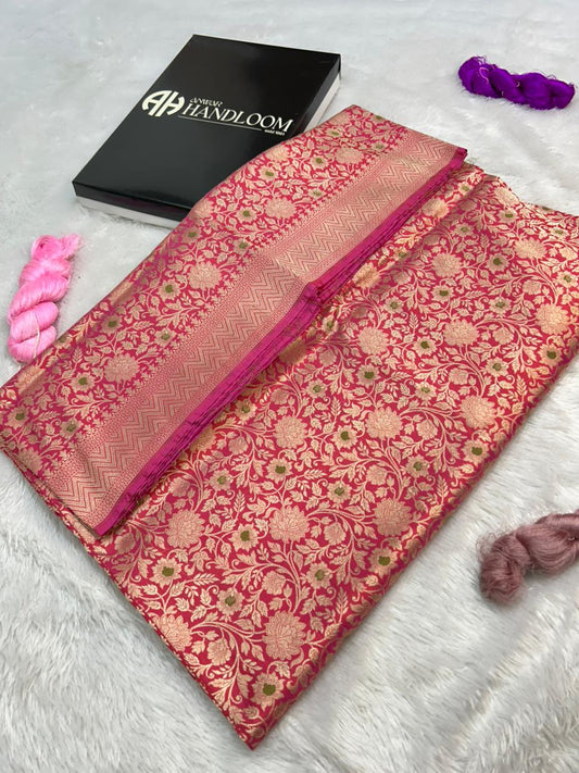 Exquisite Banarasi Katan Silk Handloom Saree in Rani Pink