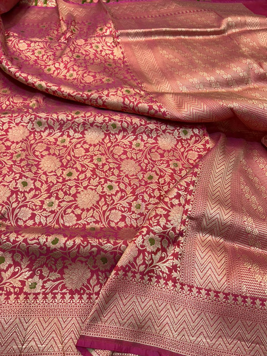 Exquisite Banarasi Katan Silk Handloom Saree in Rani Pink