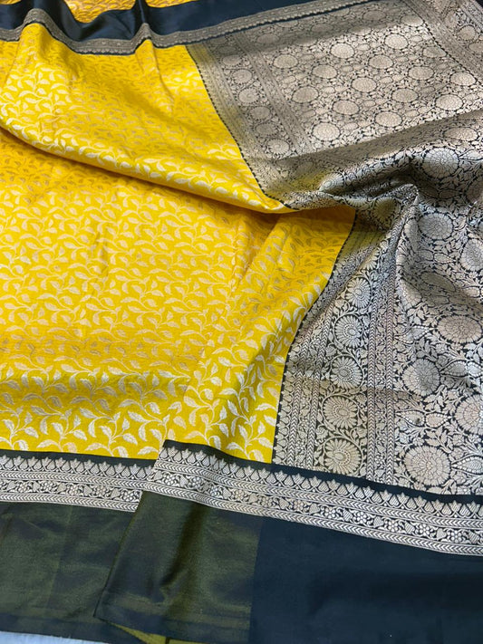 Exquisite Handloom Banarasi Katan Silk Saree in Mustard Yellow & Charcoal Black with pure silver Zari Jaal
