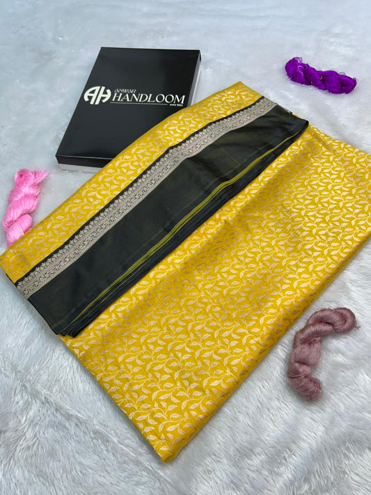 Exquisite Handloom Banarasi Katan Silk Saree in Mustard Yellow & Charcoal Black with pure silver Zari Jaal