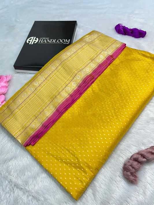 Traditional Handloom Banarasi Silk Saree with Polka Butti and Contrast Edging