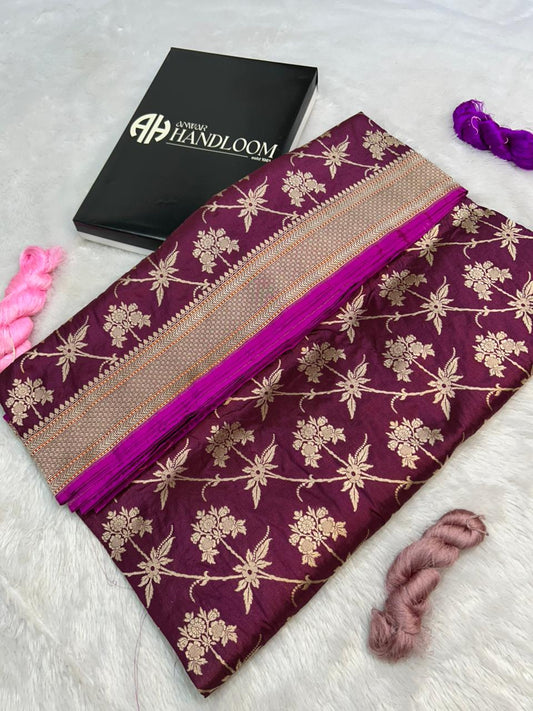 heritage and timeless Grape Wine Katan Silk Banarasi Saree with Contrast rani pink edge