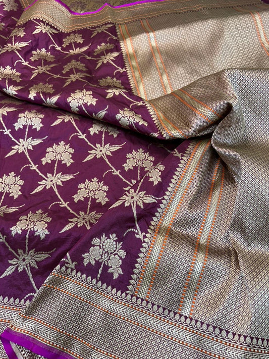 heritage and timeless Grape Wine Katan Silk Banarasi Saree with Contrast rani pink edge