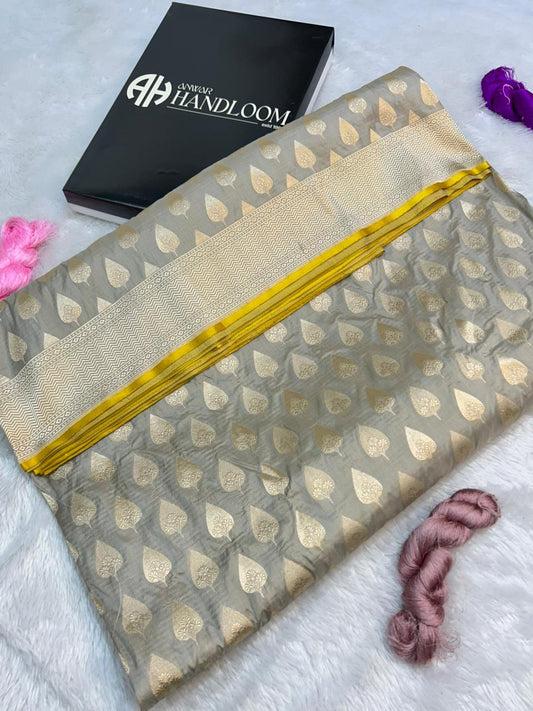 Metallic Grey Katan Silk Saree with Gold Buta and Yellow Accents