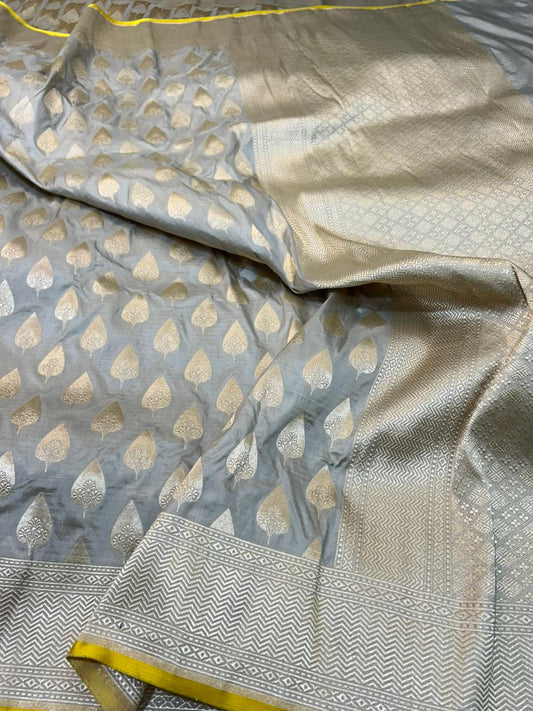 Metallic Grey Katan Silk Saree with Gold Buta and Yellow Accents