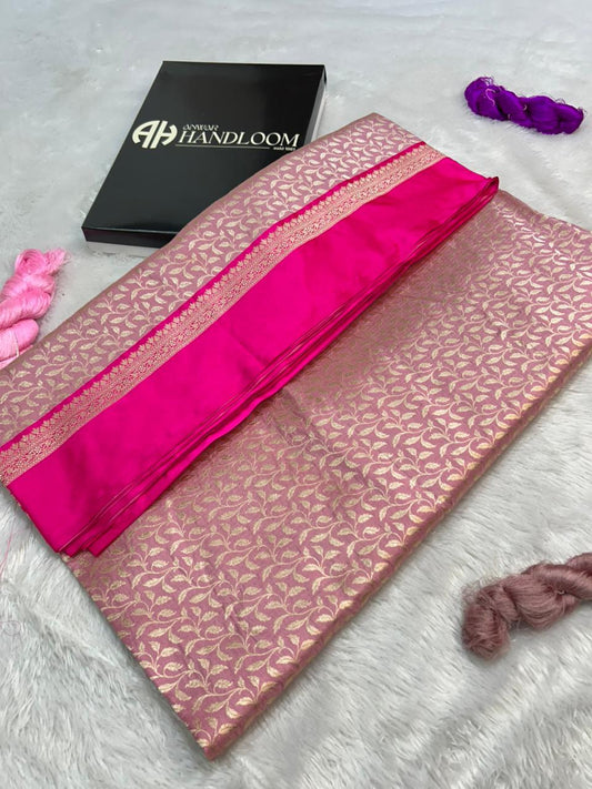 Exquisite Banarasi Handloom: The Rani Pink kadwa desingner border & lilac pink body pure katan Silk Saree