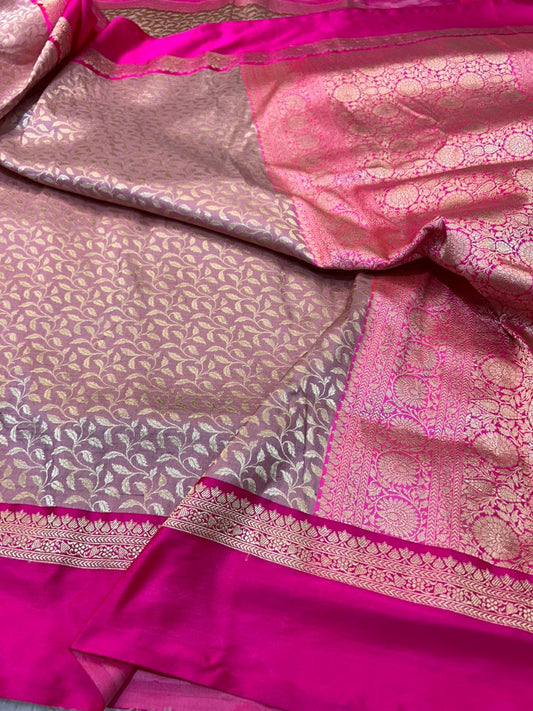 Exquisite Banarasi Handloom: The Rani Pink kadwa desingner border & lilac pink body pure katan Silk Saree