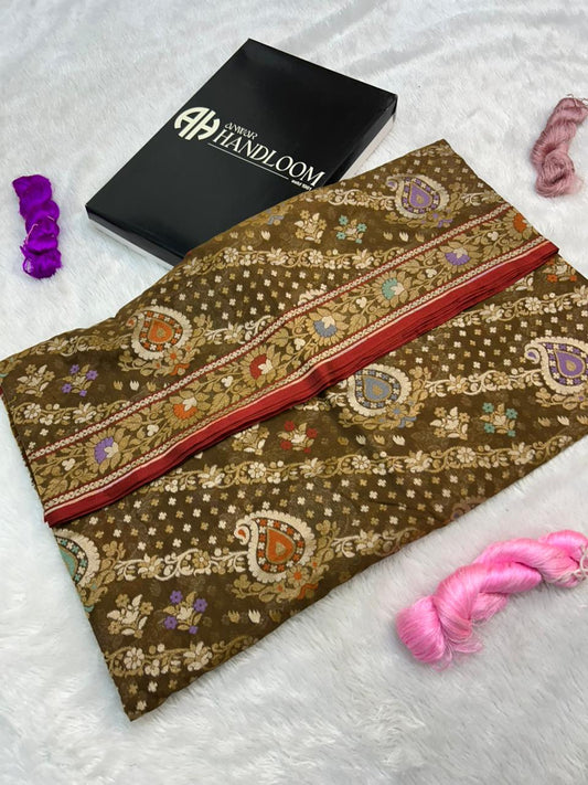 Handloom Banarasi Cotton Jamdani Saree in Earthy Brown with Meenakari Weave