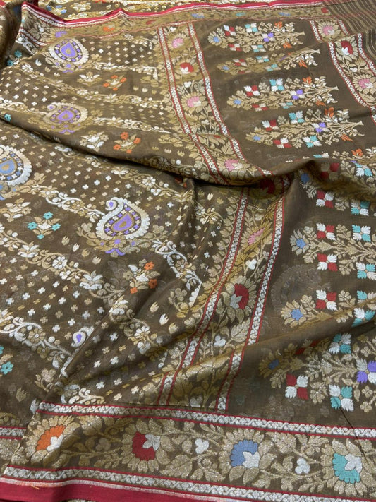 Handloom Banarasi Cotton Jamdani Saree in Earthy Brown with Meenakari Weave