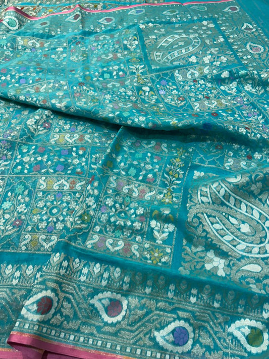 Handloom  banarasi Cotton Jamdani Saree with sky blue Vibrant Multi-Colored Meenakari Floral Jaal Weave