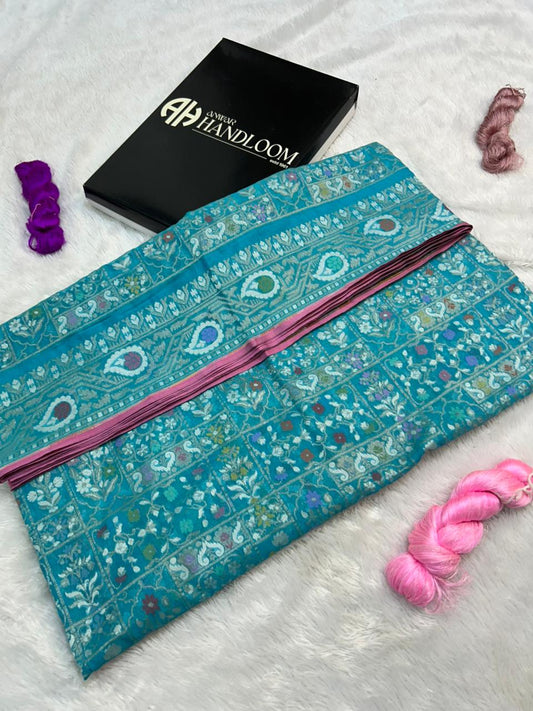 Handloom  banarasi Cotton Jamdani Saree with sky blue Vibrant Multi-Colored Meenakari Floral Jaal Weave