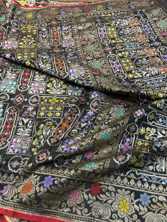 Charcoal Black Handloom Cotton Jamdani Saree with Vibrant Multi-Colored Meenakari Floral Jaal Weave