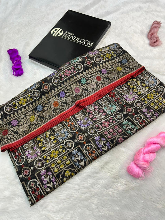 Charcoal Black Handloom Cotton Jamdani Saree with Vibrant Multi-Colored Meenakari Floral Jaal Weave