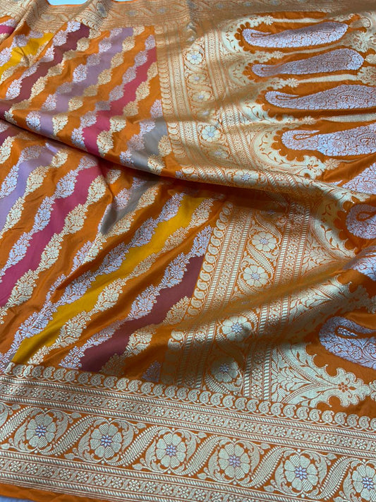 Pure Katan Silk Shaded Rankaat Saree with Intricate Sona-Rupa Gold and Silver Kadwa Floral cross Jaal