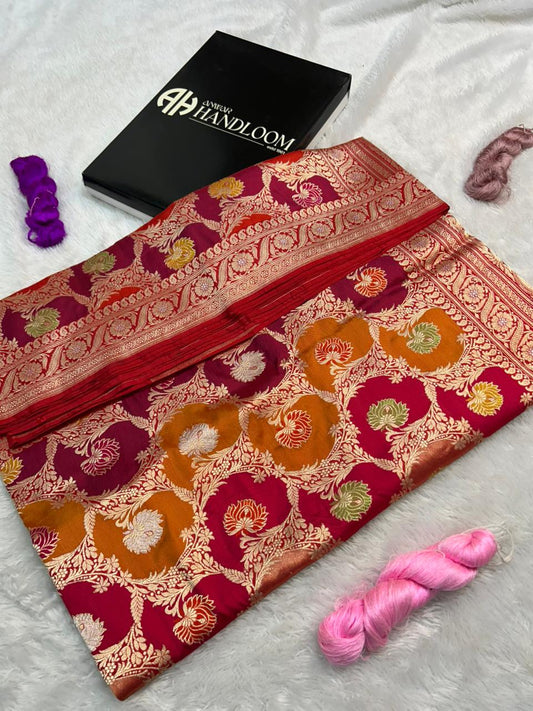 Red Shaded Rankaat Banarasi Saree in Pure Katan Silk with Elaborate Gold and Silver Kadwa Floral Jaal