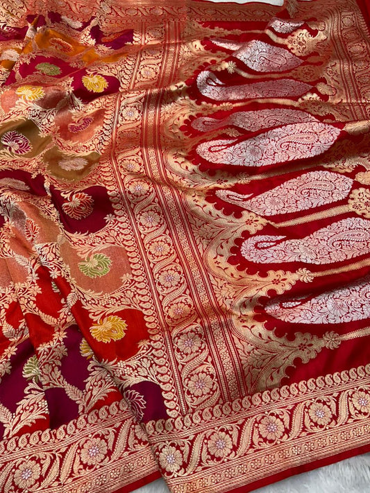 Red Shaded Rankaat Banarasi Saree in Pure Katan Silk with Elaborate Gold and Silver Kadwa Floral Jaal