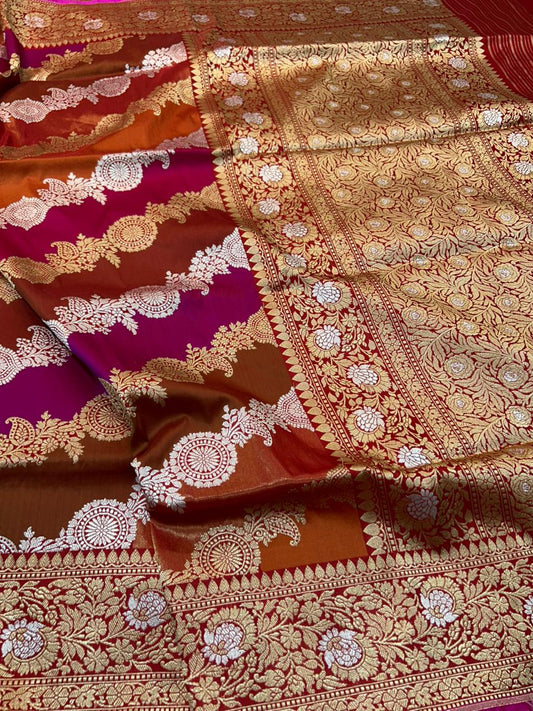 Pure Katan Silk Rankaat Banarasi Saree with Multi-Colored Shaded Body and Heavy Kadwa Gold and silverZari Jaal