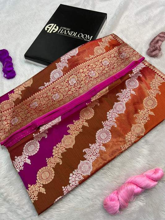 Pure Katan Silk Rankaat Banarasi Saree with Multi-Colored Shaded Body and Heavy Kadwa Gold and silverZari Jaal