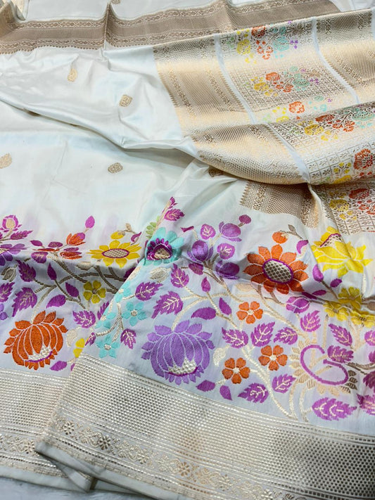 Handloom Banarasi Pure Katan Silk Kadwa Saree with Vibrant Meenakari Floral Border