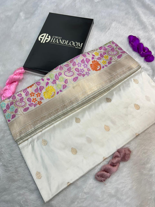 Handloom Banarasi Pure Katan Silk Kadwa Saree with Vibrant Meenakari Floral Border