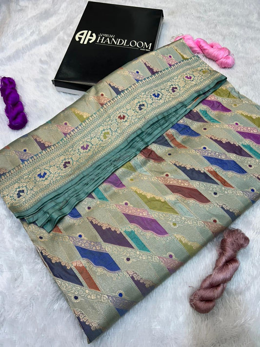 Banarasi Rankaat Saree featuring Multicolored Diagonal Chevron Panels and Fine Zari Pallu