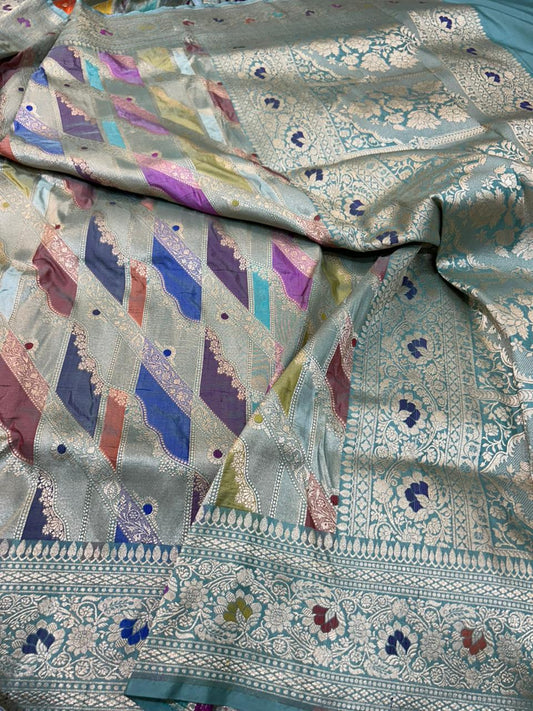 Banarasi Rankaat Saree featuring Multicolored Diagonal Chevron Panels and Fine Zari Pallu