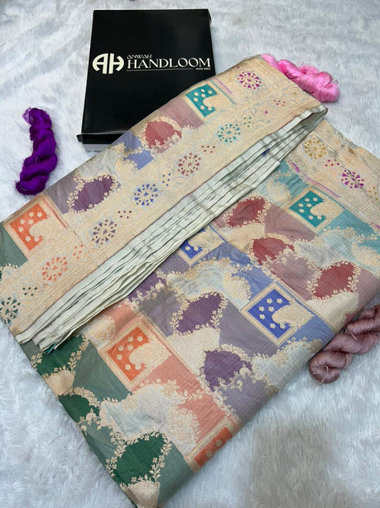 Pastel Multicolor Banarasi Katan Silk Rankaat Handloom Saree