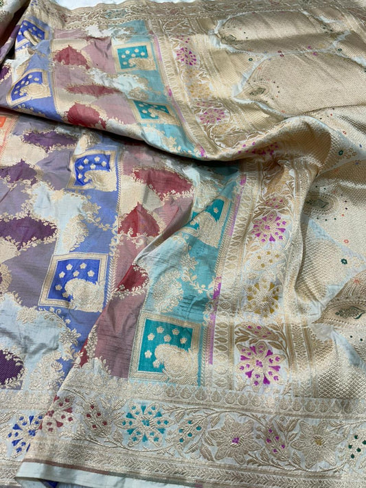 Pastel Multicolor Banarasi Katan Silk Rankaat Handloom Saree