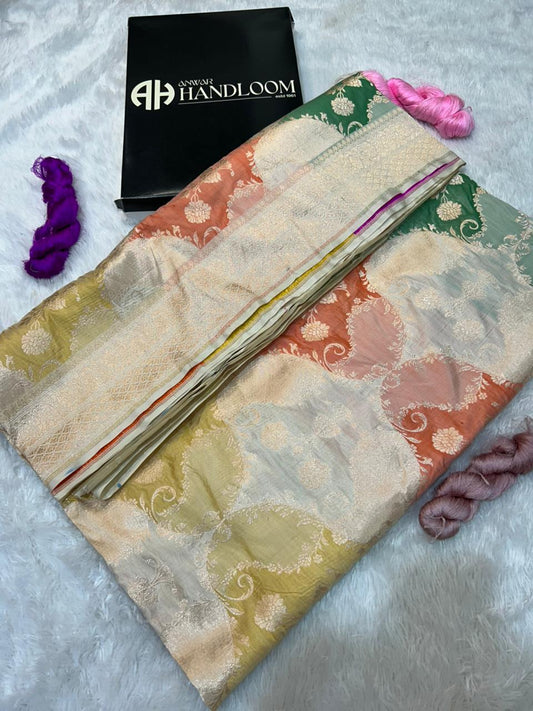 Pastel Multicolor Banarasi Katan Silk Rankaat Handloom Saree