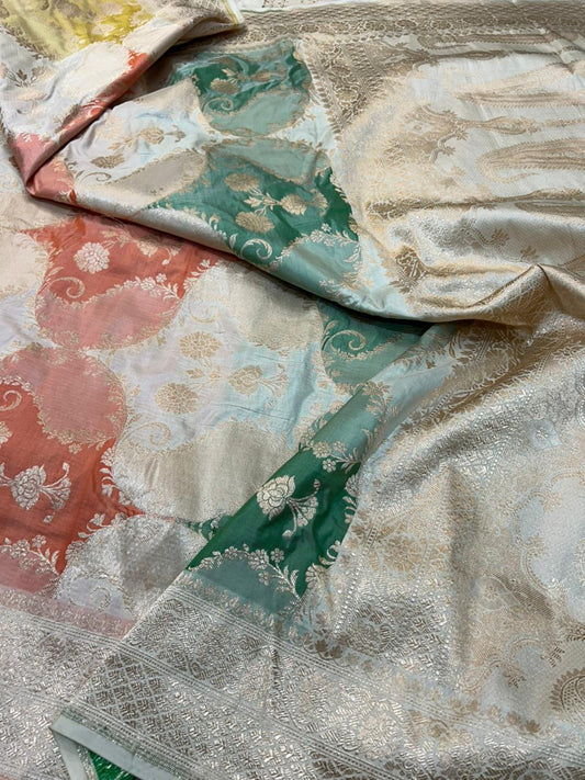 Pastel Multicolor Banarasi Katan Silk Rankaat Handloom Saree
