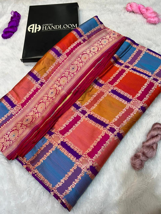 Authentic Banarasi Handloom Rankaat Silk Saree with Meenakari Borders