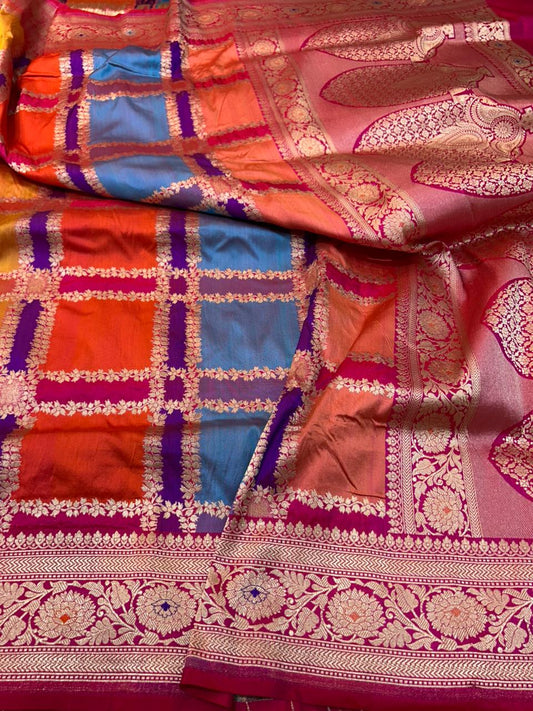 Authentic Banarasi Handloom Rankaat Silk Saree with Meenakari Borders