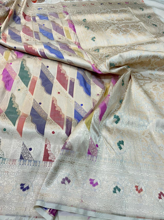 The Rainbow Mosaic: Handwoven Katan Silk Rangkat Saree with Ornate Gold Zari Pallu